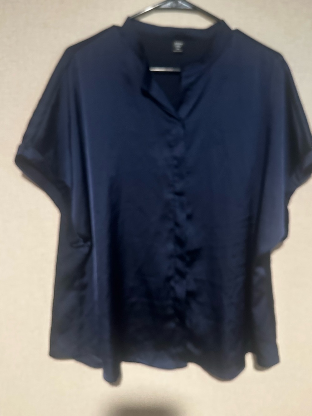SHEIN 1X  Navy Satin Button-Front Short Sleeve Blouse
